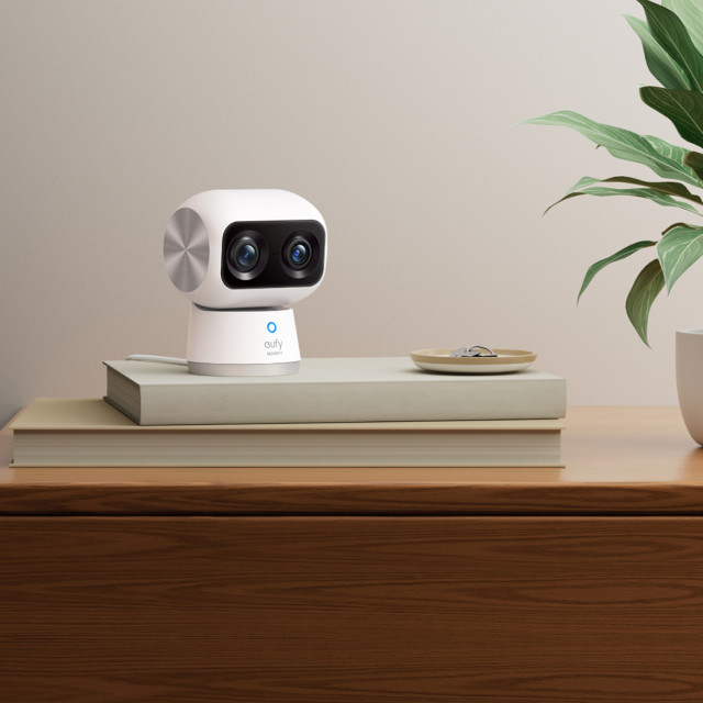 Eufy 4K Dual Lens Indoor Security Camera on a side table