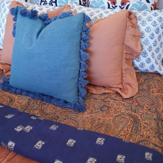 India Ink Rust King Paisley Kantha Stitched Throw - Double on the bed