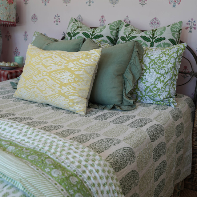 India Ink Green Tonal Paisley Kantha Stitched Throw - Double on the bed