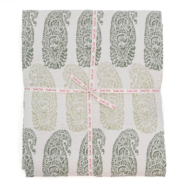 India Ink Green Tonal Paisley Kantha Stitched Throw - Double