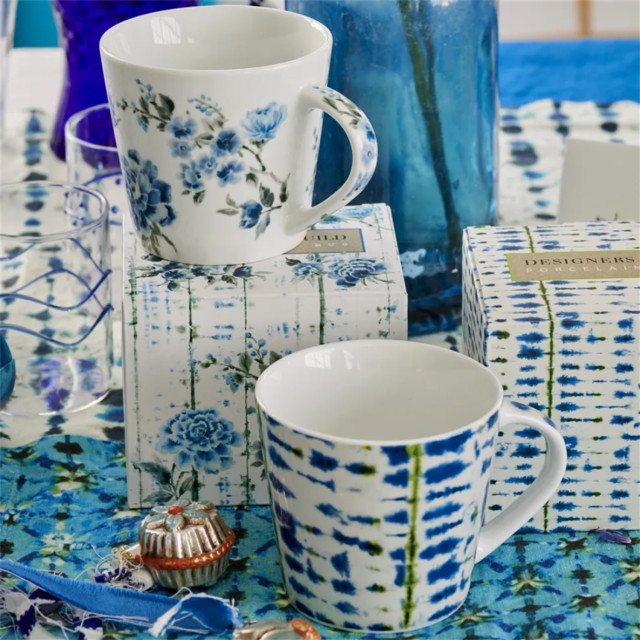 Designers Guild Kyoto Indigo Flower Mug, 420ml on the table