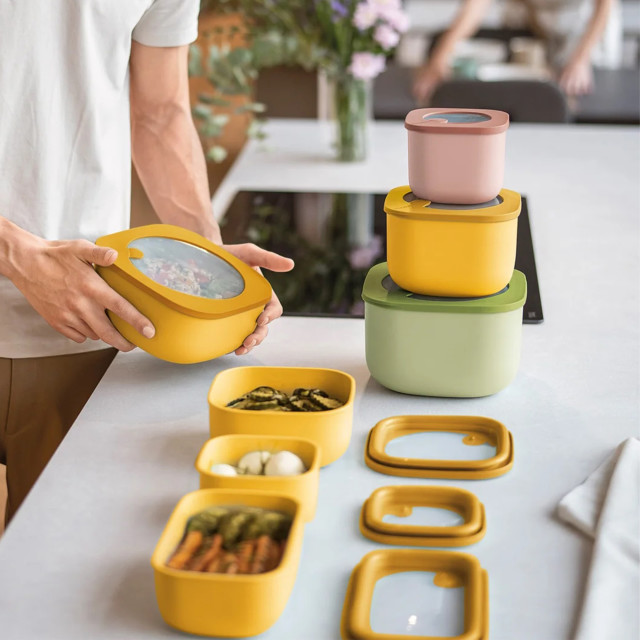 Guzzini Eco Store & More Shallow Container, 1.9L - Mango Yellow on the kitchen counter