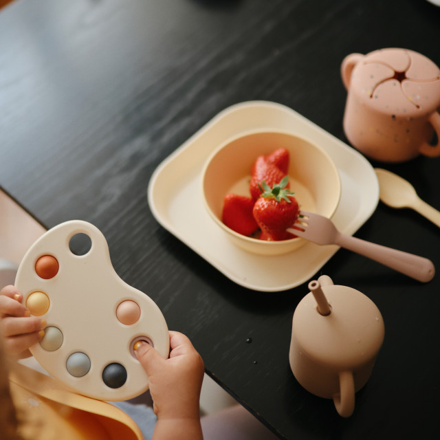 Mushie Fork & Spoon, Set of 2 - Blush with a strawberry