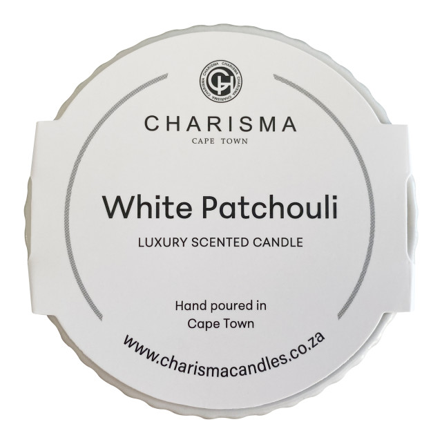 Charisma Candles White Patchouli Scented Filled Ribbed Ceramic Candle, 300g packaging