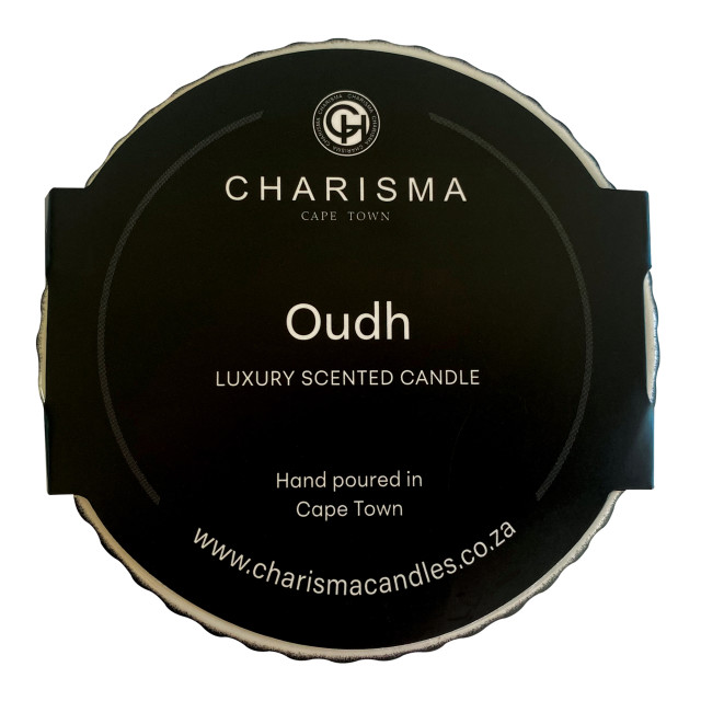 Charisma Candles Oudh Scented Filled Ribbed Ceramic Candle, 300g packaging