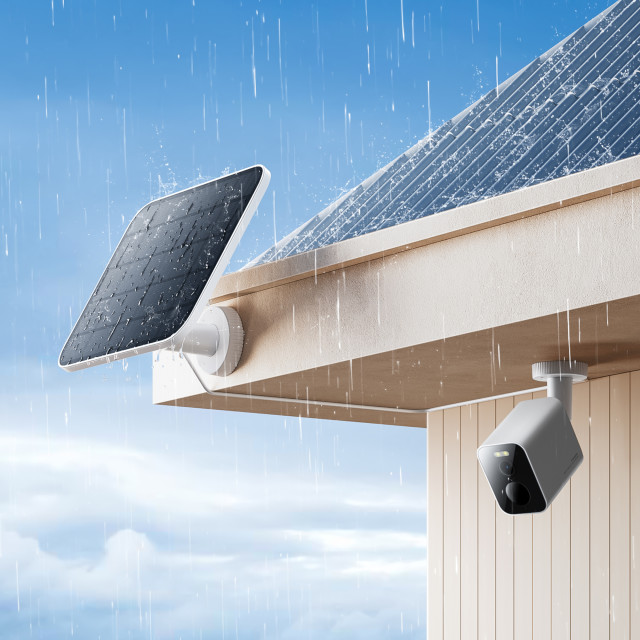 Xiaomi Outdoor Solar Panel For BW Series Camera on the wall next to the camera on a rainy day
