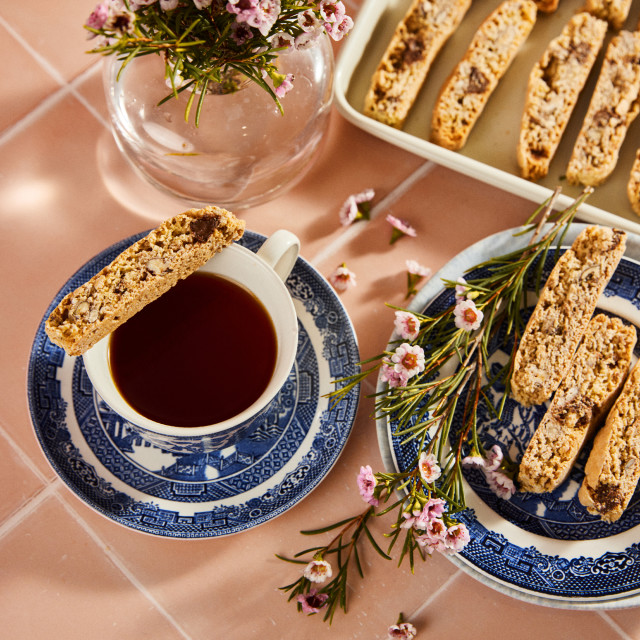 Delish Sisters Dark Chocolate & Pecan Biscotti, 150g with a cup of tea