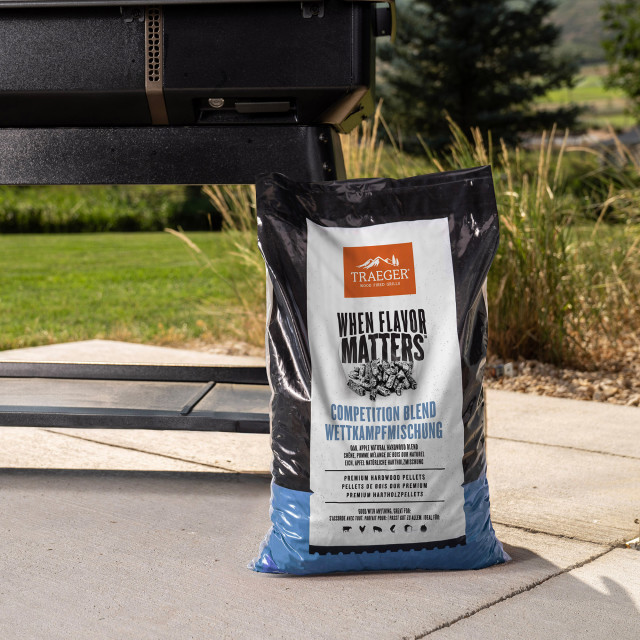 Traeger Competition Blend Pellets, 9kg next to a Traeger