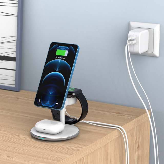 Choetech Fast Wireless 3-in-1 Charger, 15W on a desk
