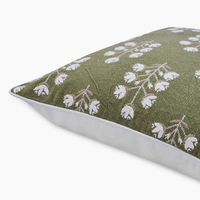 Thread Office Green Embroidery Block Flower Scatter Cushion with Feather Blend Inner, 50cm x 50cm close up