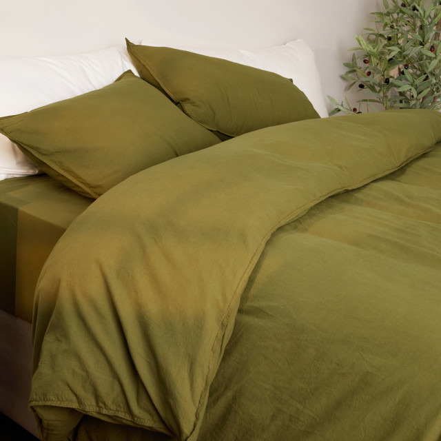 Thread Office Olive Washed Cotton Duvet Cover Set - Double