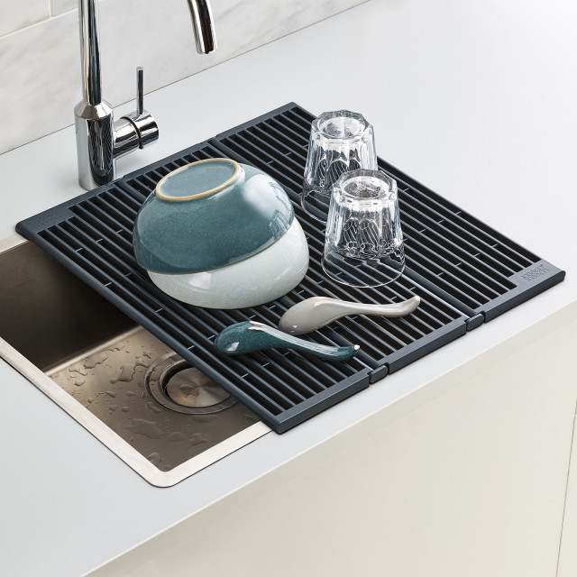 Joseph Joseph Platform Foldable Over-Sink Drainer with dishes