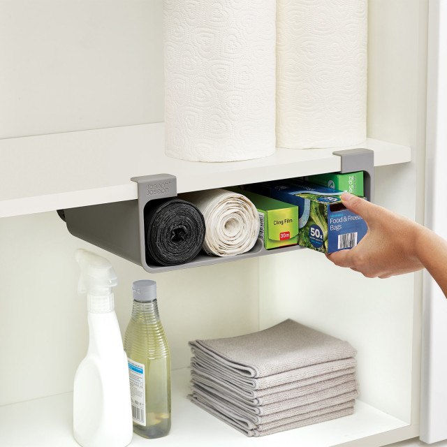 Joseph Joseph Cupboard Store Large Under-shelf Organiser on a bathroom shelf