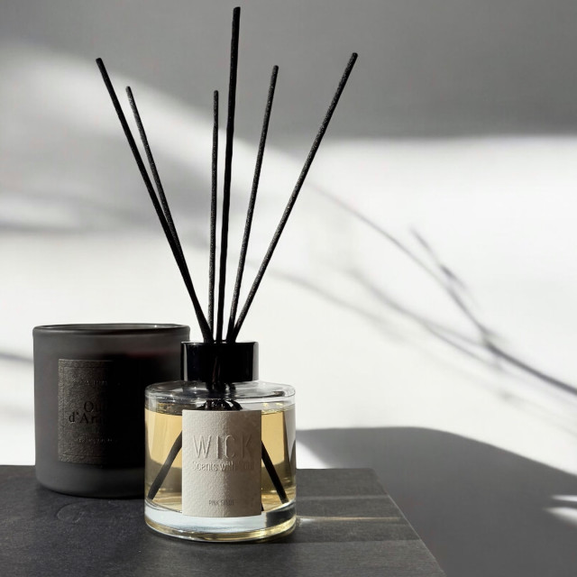 WICK Pink Suede Reed Diffuser, 200ml on a table