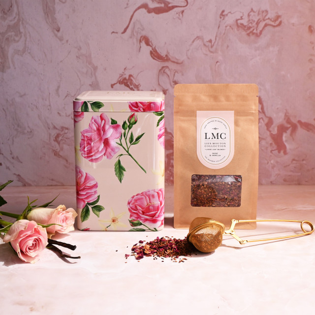 LMC Rose & Vanilla Loose Leaf Tea in Gift Tin, 100g on the table
