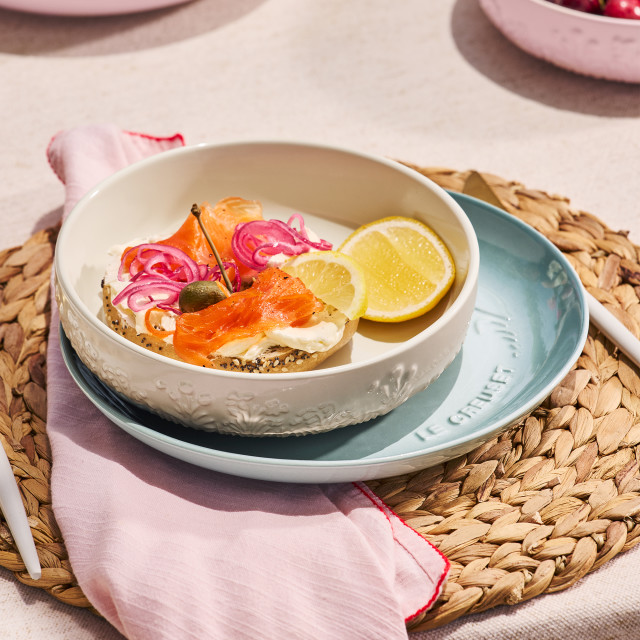 Le Creuset Jardin Relief Stoneware Side Plate, 22cm - Sea Salt on the table