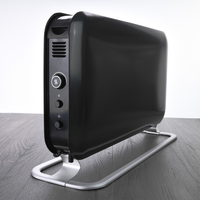 Mill Instant LED Portable Black Heater, 2000W on laminated flooring