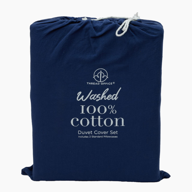 Thread Office Navy Washed Cotton Duvet Cover Set - Double