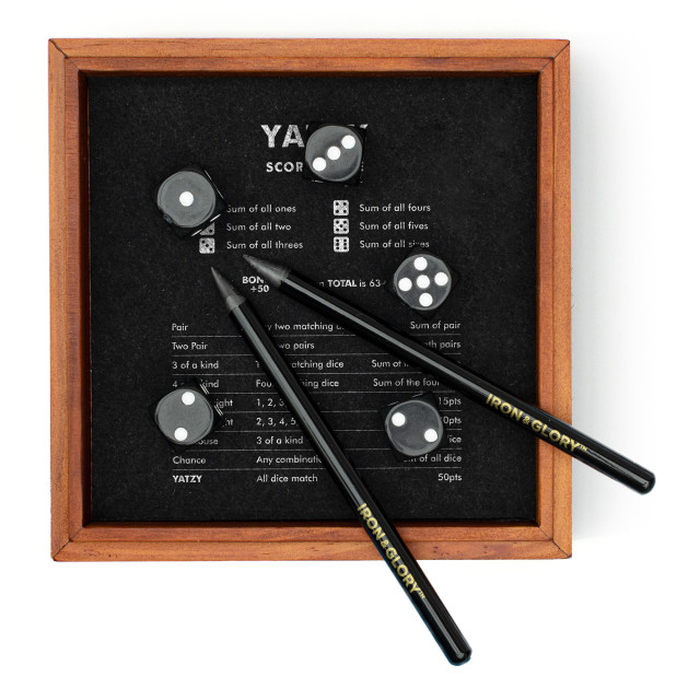 Suck UK Iron & Glory Wooden Yatzy Dice Game angle