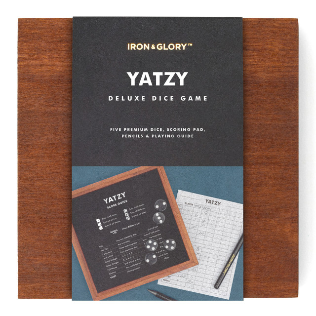 Suck UK Iron & Glory Wooden Yatzy Dice Game packaging
