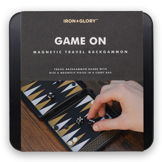 Suck UK Iron & Glory Magnetic Travel Backgammon packaging