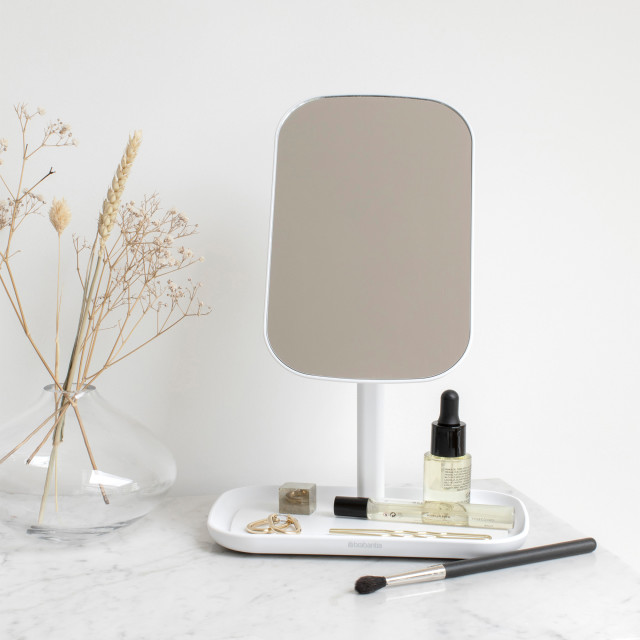 Brabantia ReNew Mirror with Storage Tray - White with makeup and jewellery 