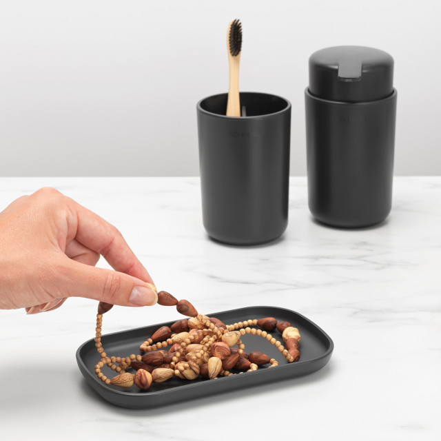 Brabantia ReNew Bathroom Accessory Set, 3-Piece - Dark Grey with a toothbrush and beads