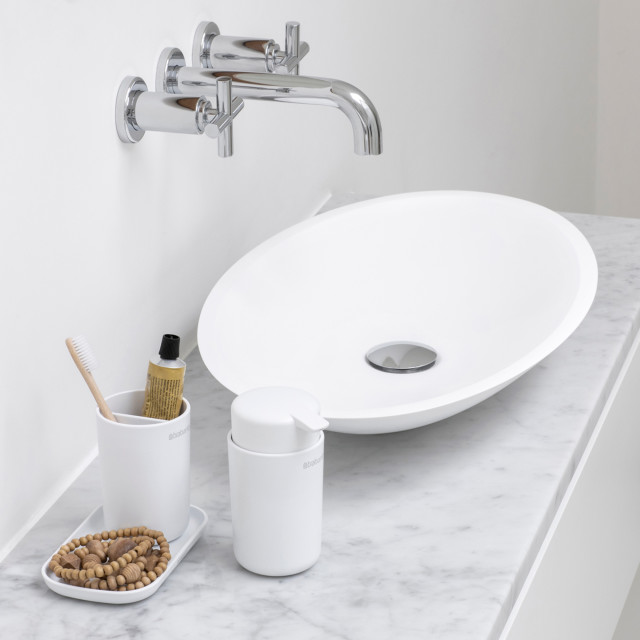 Brabantia ReNew Bathroom Accessory Set, 3-Piece - White next to the basin