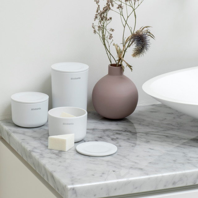 Brabantia ReNew Storage Pots, Set of 3 - White next to the basin