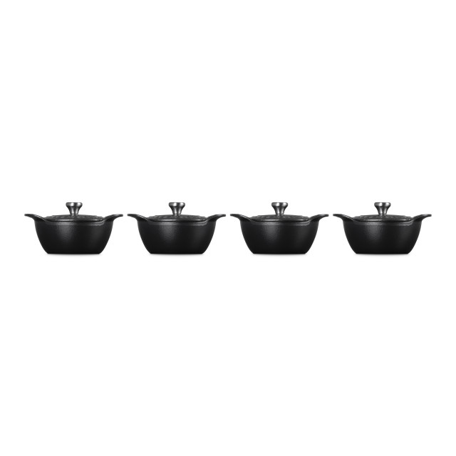 Le Creuset Gourmet Matte Black Collection Cast Iron Mini Cocottes with Lids, Set of 4 angle