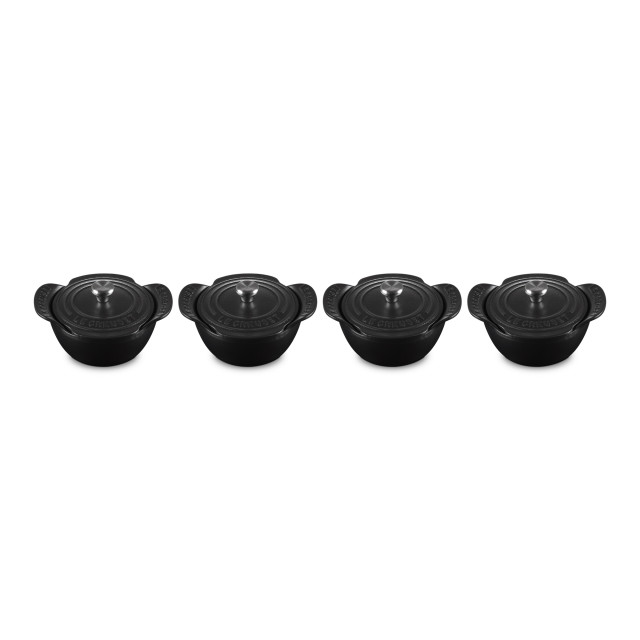 Le Creuset Gourmet Matte Black Collection Cast Iron Mini Cocottes with Lids, Set of 4 angle
