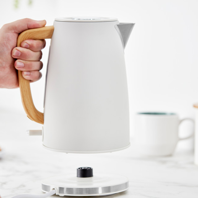 Swan Fjord Rapid Boil Cordless Kettle, 1.7L - White on the kitchen counter