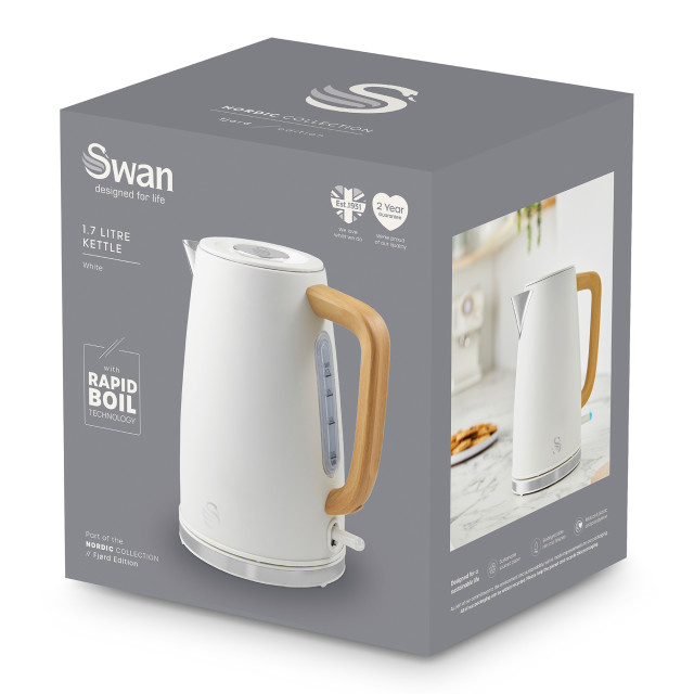 Swan Fjord Rapid Boil Cordless Kettle, 1.7L - White packaging