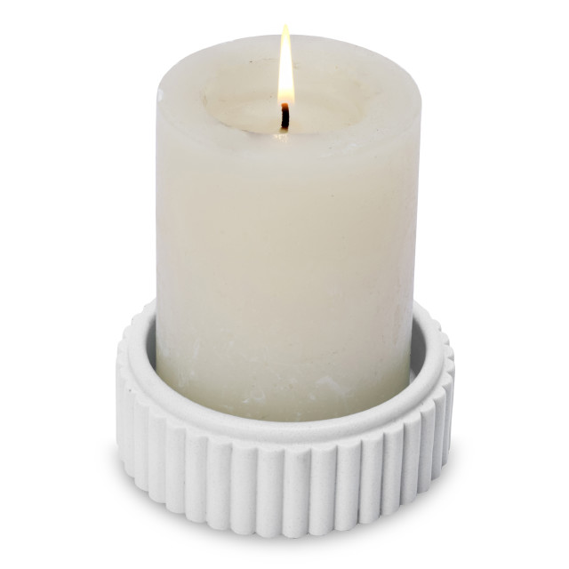 Alkaline Chunky Ribbed Pillar Candle Holder - Snow White with candle