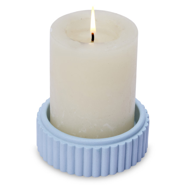 Alkaline Chunky Ribbed Pillar Candle Holder - Ice Blue with candle