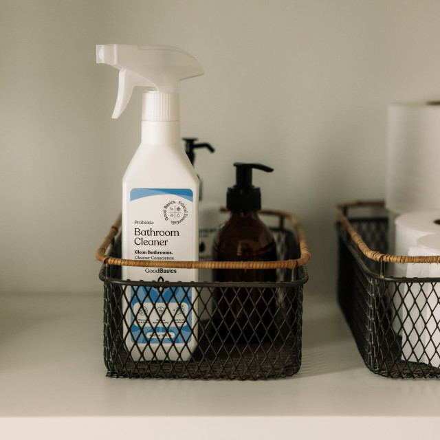 GoodBasics Probiotic Bathroom Cleaner, 500ml in a storage organiser