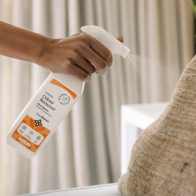 GoodBasics Probiotic Odour Remover, 500ml sprayed on a scatter cushion