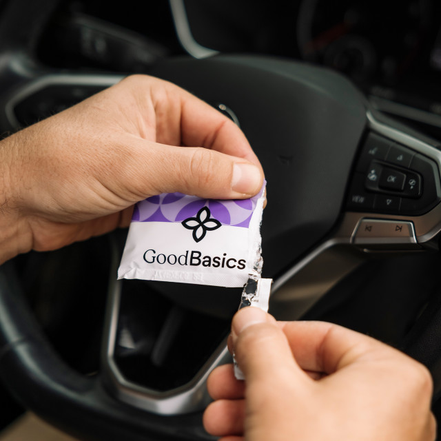 GoodBasics Probiotic On-the-Go Wipes, Pack of 30 opened in the car