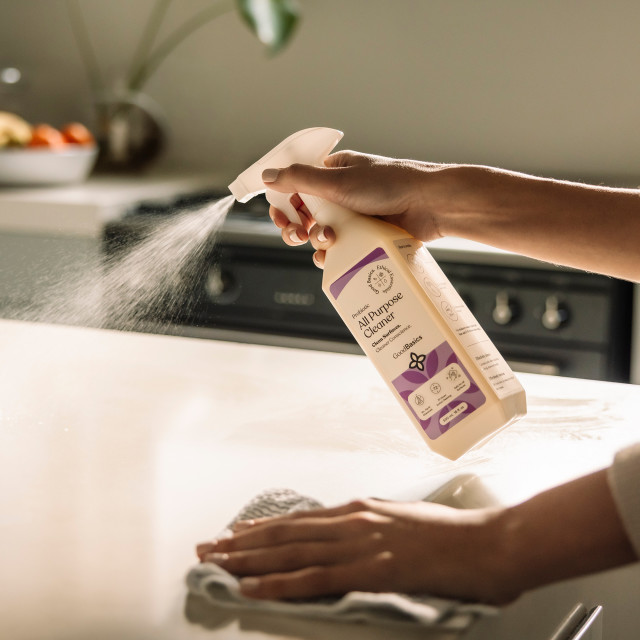 GoodBasics Probiotic All-Purpose Cleaner, 500ml sprayed on the kitchen counter
