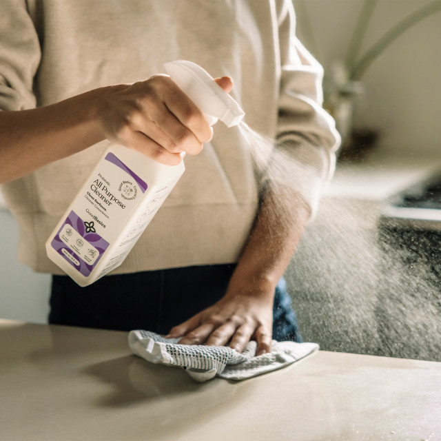 GoodBasics Probiotic All-Purpose Cleaner, 500ml sprayed on the kitchen island