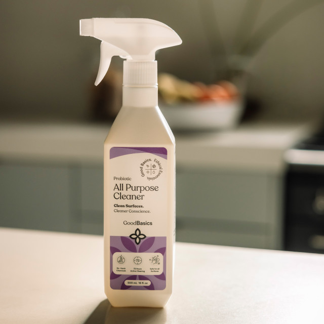 GoodBasics Probiotic All-Purpose Cleaner, 500ml on the kitchen island