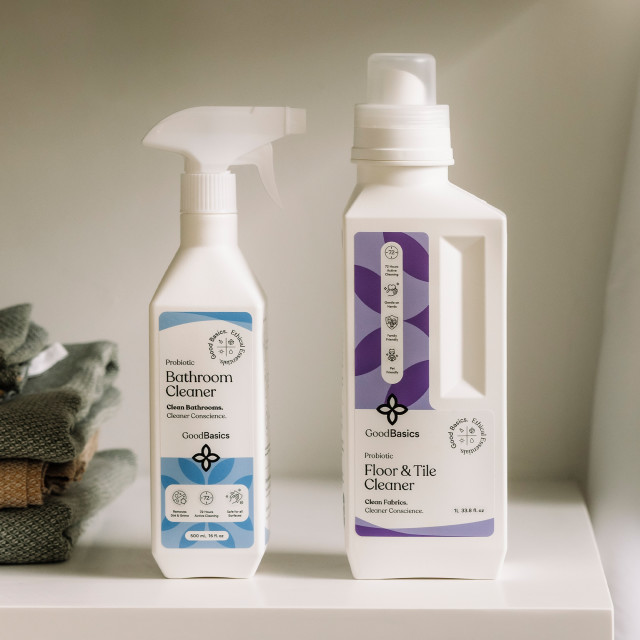 GoodBasics Probiotic Floor & Tile Cleaner, 1L with a bathroom cleaner