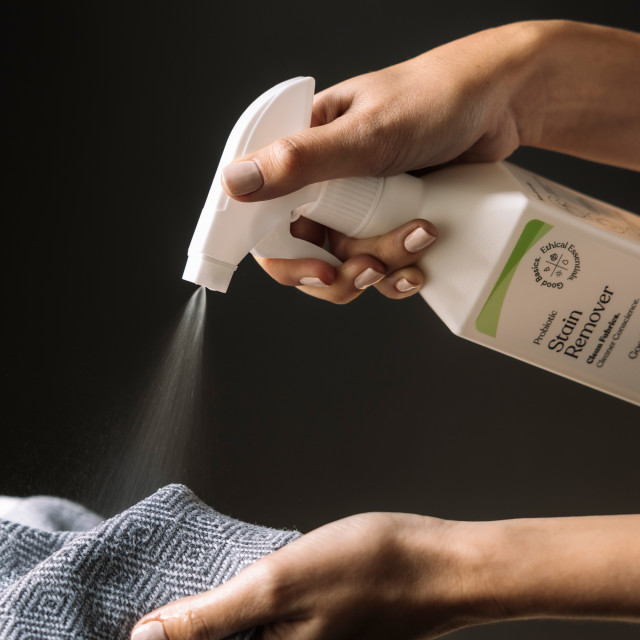 GoodBasics Probiotic Stain Remover, 500ml sprayed on a jersey
