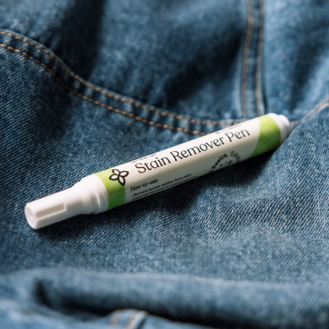 GoodBasics Probiotic Stain Remover Pen, 10ml on a denim jacket