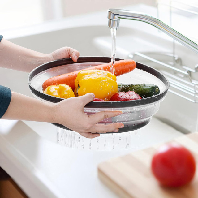 Creative Cooking Microwave Food Cover under running water with veggies