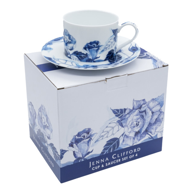 Jenna Clifford Peacock Saphire Garden Cup & Saucers, Set of 4 packaging