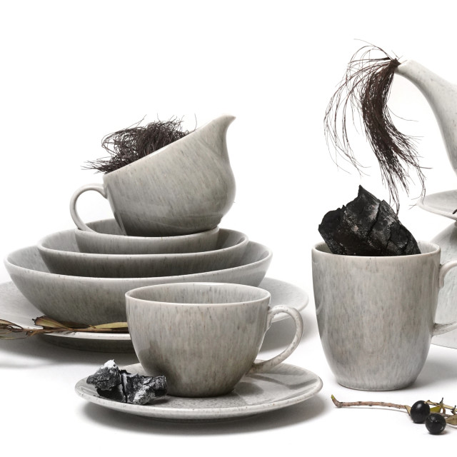 JAN Ashes & Olive Cereal Bowls, Set of 4 - Ash detail with other plates and cups