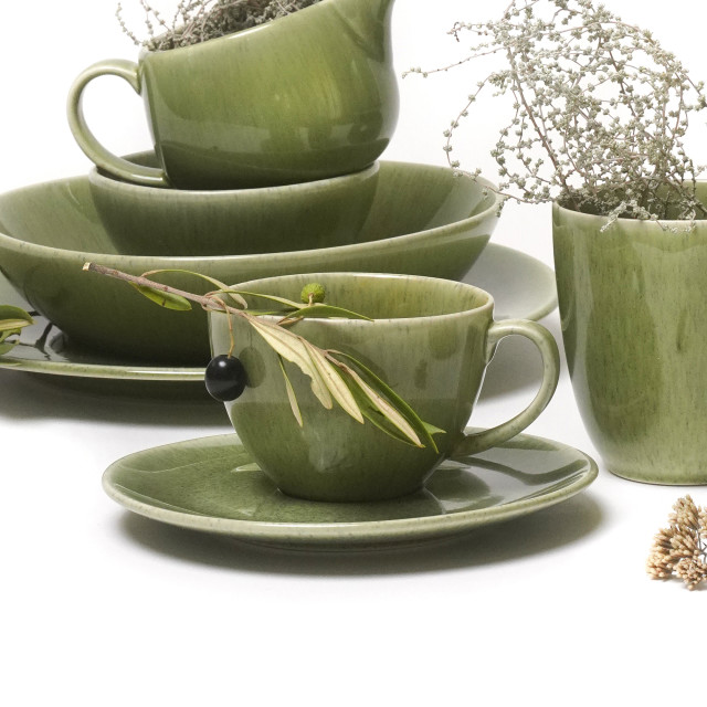 JAN Ashes & Olive Cups & Saucers, Set of 4 - Olive green lifestyle