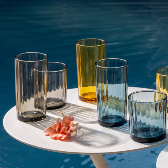 Olivia Princess Lead-Free Crystal Highball Glasses, Set of 4 - Grey on the table