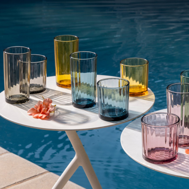 Olivia Princess Lead-Free Crystal Tumblers, Set of 4 - Amber on the table